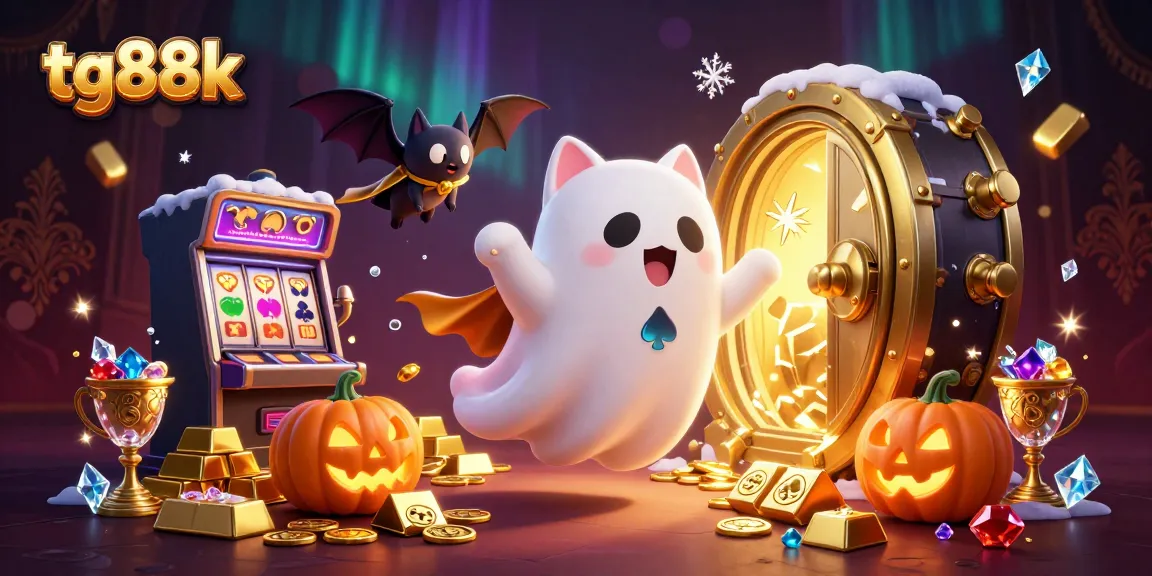 Engage in thrilling games at tg88k, featuring a ghost cat and vampire bat in a vibrant casino.