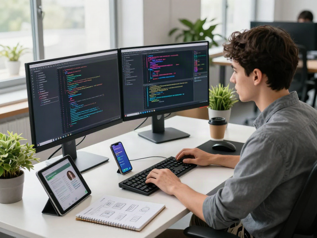 Developer focused on gbwhatsapp code in a modern office.