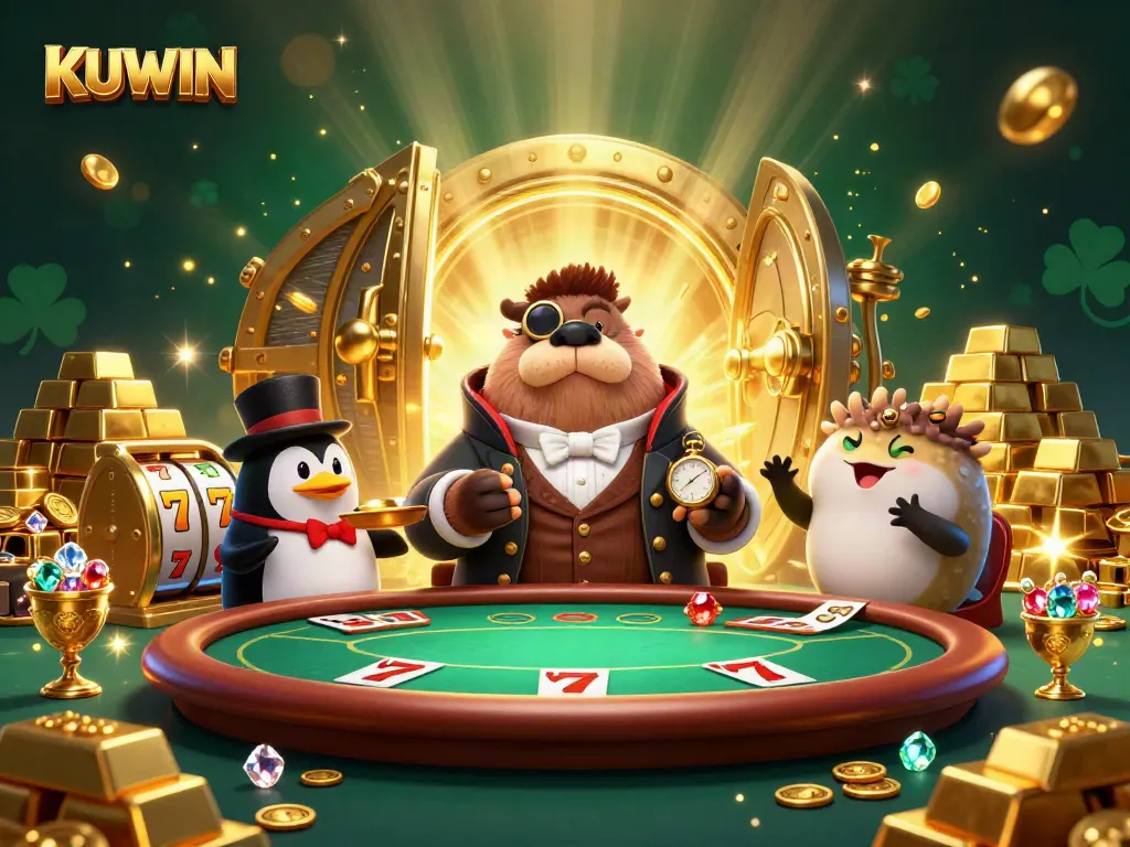 Kuwin offers an engaging poker scene featuring a walrus, penguin dealer, and pufferfish in an underwater casino atmosphere