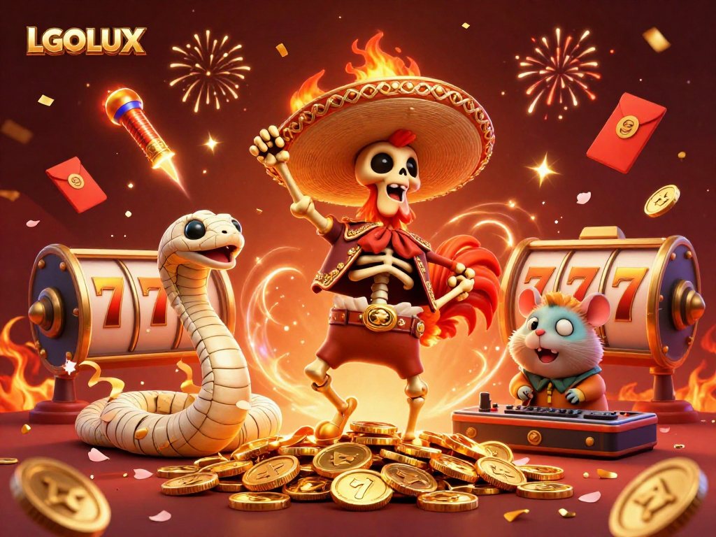Experience the winning thrill at LGOLUX with vibrant casino characters celebrating on a gold coin pile.