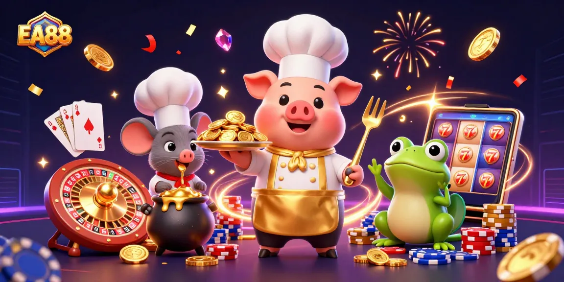 Experience vibrant gaming action with EA88's dynamic 3D casino scene featuring gold coins and critters.