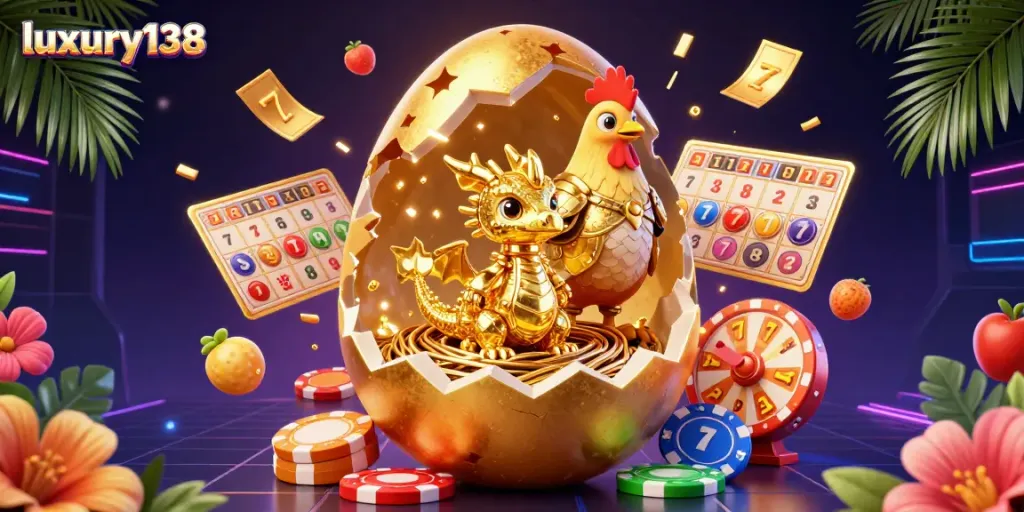 luxury138 menghadirkan ilustrasi 3D menarik dengan naga emas dikelilingi simbol permainan judi yang memikat.