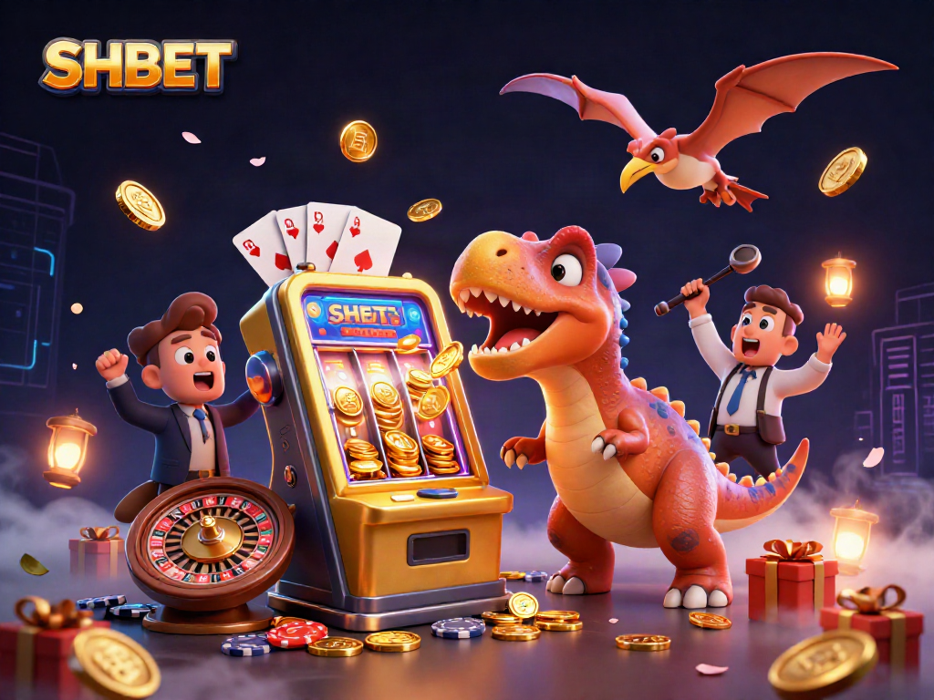 SHBET reveals thrilling jackpot action with a pachycephalosaurus at a golden slot machine.
