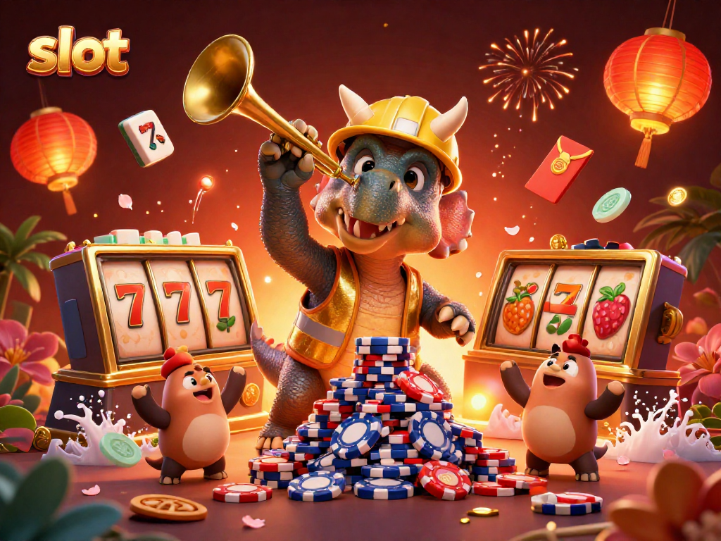 Celebrate slot wins with a vibrant 3D scene of a triceratops building poker chips.