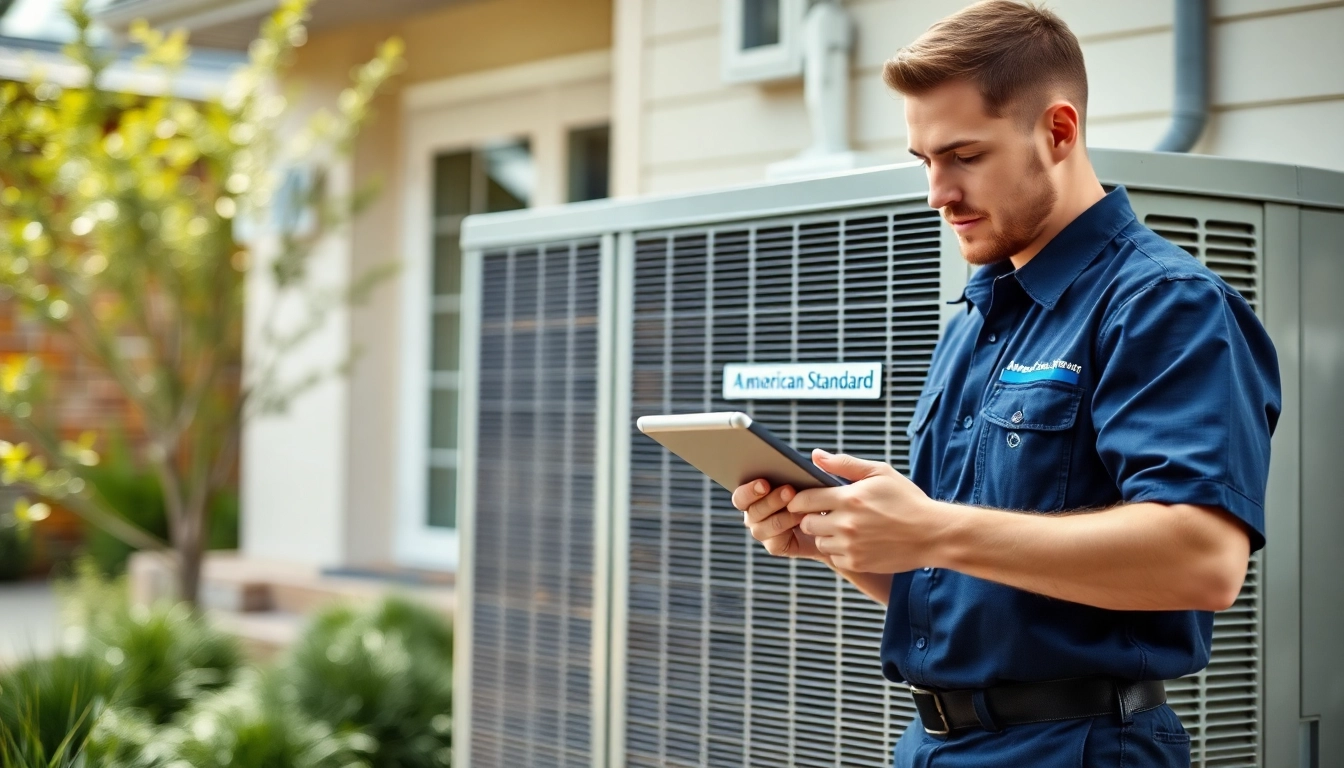 HVAC technician works on an American Standard HVAC dealer system, showcasing expert service.