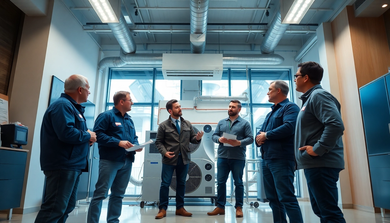 hvac dealers discussing innovative HVAC systems in a modern showroom.