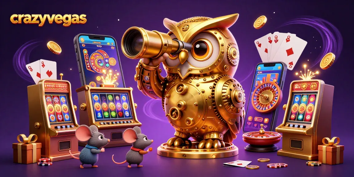 Engage with crazyvegas as golden owl observes bustling casino antics among vibrant slot machines.