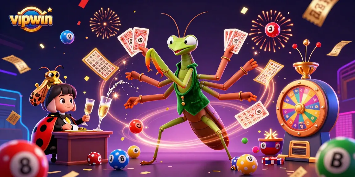 Engage with vipwin in a vibrant 3D casino scene, featuring unique characters and lottery elements.
