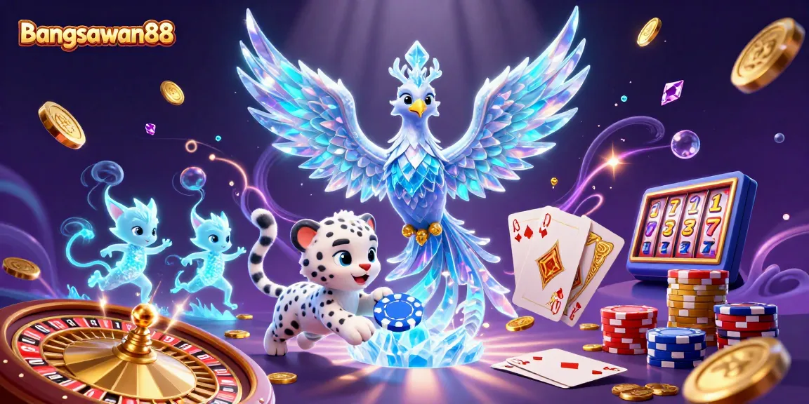 Bets at bangsawan88, showcasing an ice phoenix, poker chip, and vibrant casino elements.