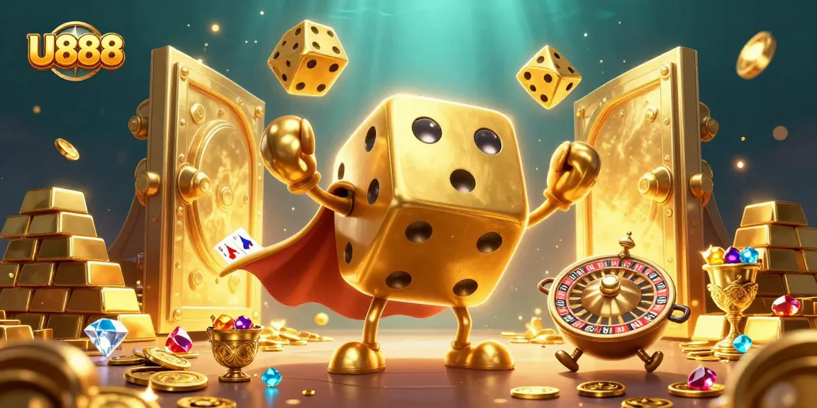 Engage in thrilling gameplay at U888 with dazzling golden dice, jewels, and dynamic casino elements.