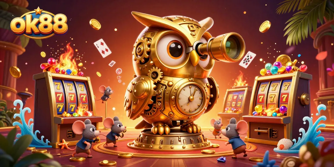 Spin the reels of ok88's vibrant casino scene with a golden owl and playful mice capturing jackpot excitement.