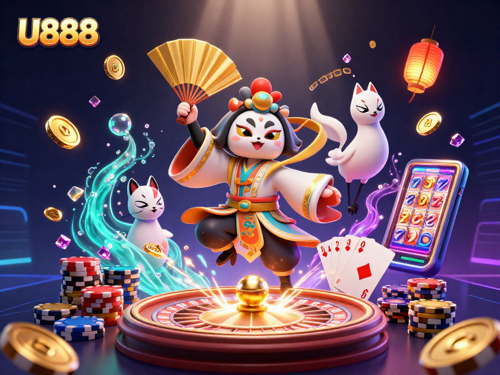 Experience U888's thrilling gameplay in this vibrant 3D illustration full of casino excitement.