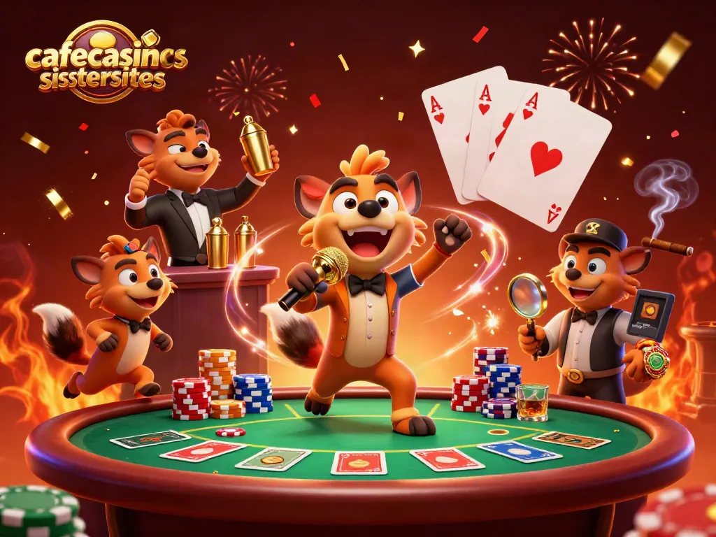 Experience the fun at cafecasinosistersites with hyenas in a lively comedy casino scene.