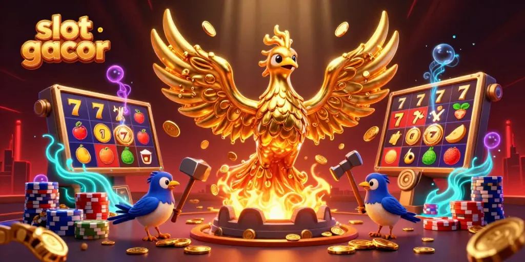 Experience the thrill of slot gacor with a golden phoenix and vibrant casino elements in a rich 3D scene.