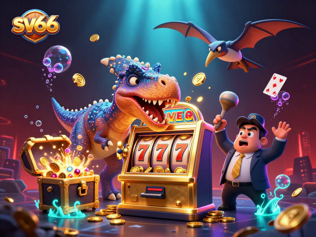 Spin the reels with sv66 as a cartoon dinosaur creates a jackpot frenzy in a vibrant casino scene.