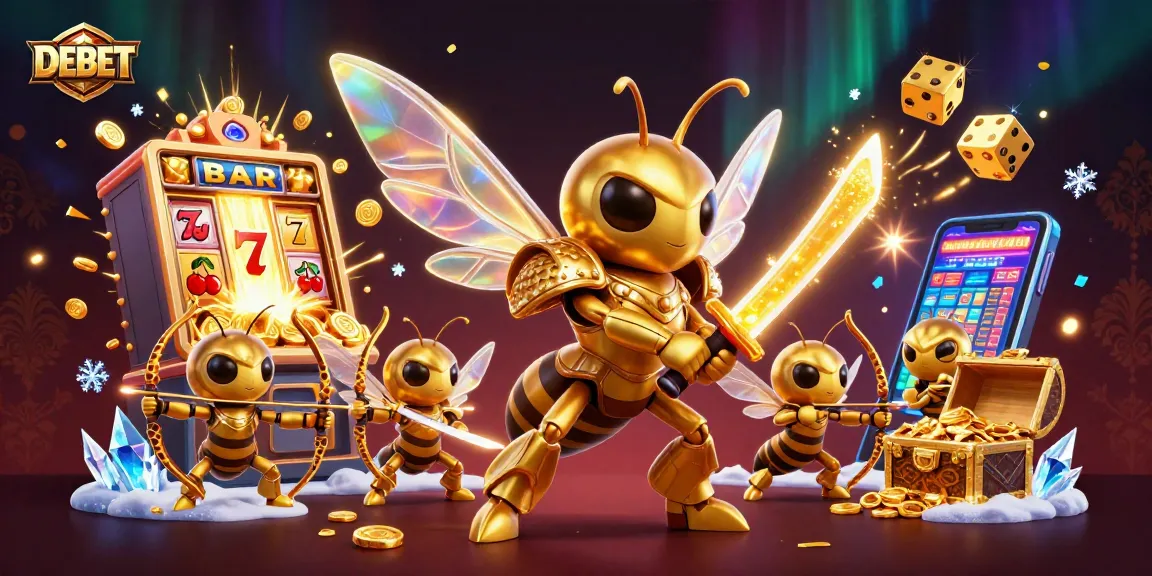Engage with DEBET in this vibrant casino scene showcasing a jackpot explosion and golden characters.