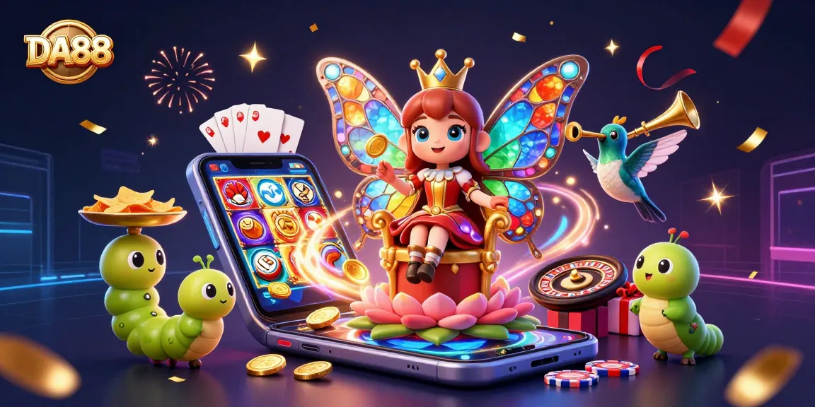 Join the excitement at DA88 with a butterfly queen celebrating slots and wins amidst vibrant casino elements.
