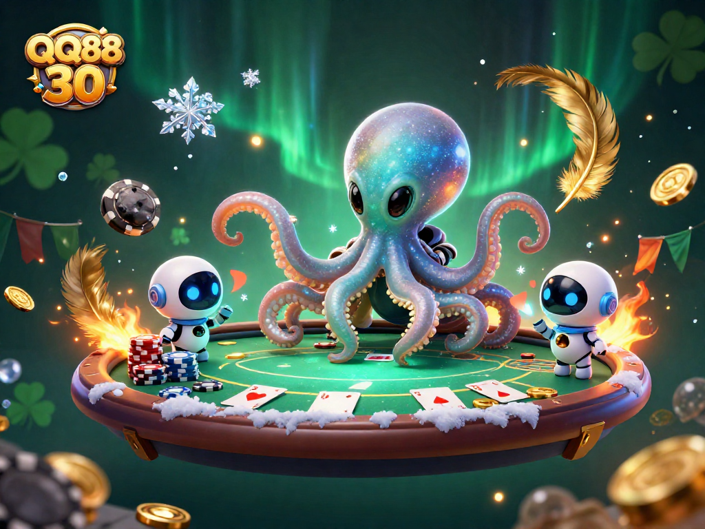 Experience the excitement of QQ88 30 with an alien octopus at a holographic poker table surrounded by vibrant casino elements.