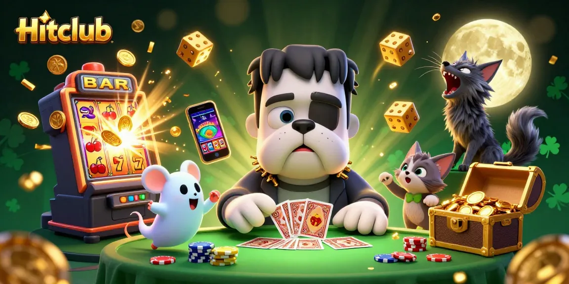 Hitclub: Play thrilling slot games with our cartoon characters in a vibrant casino scene.