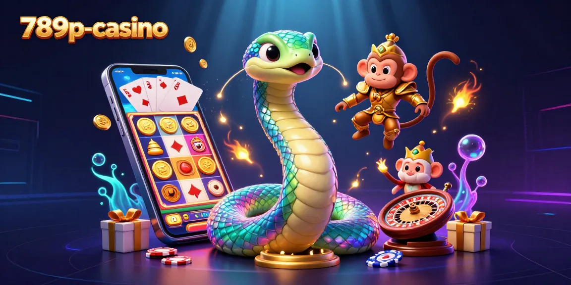 Experience the excitement at 789p-casino with a vibrant illustration depicting a rainbow serpent and monkey king amidst casino games.