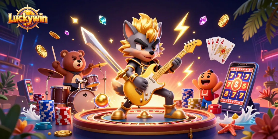 Engage with Luckywin in this dynamic casino scene featuring a rock star wolf and drummer bear.