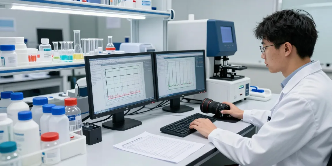 Aegean Labs analyst reviewing HPLC data in a high-tech laboratory, showcasing precision peptide testing.