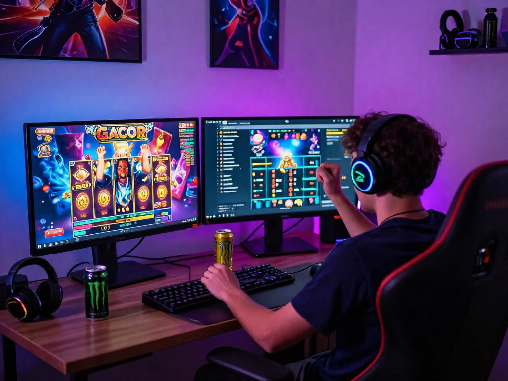 Player celebrating a big win in a slot gacor game with vibrant graphics and a dynamic gaming setup.