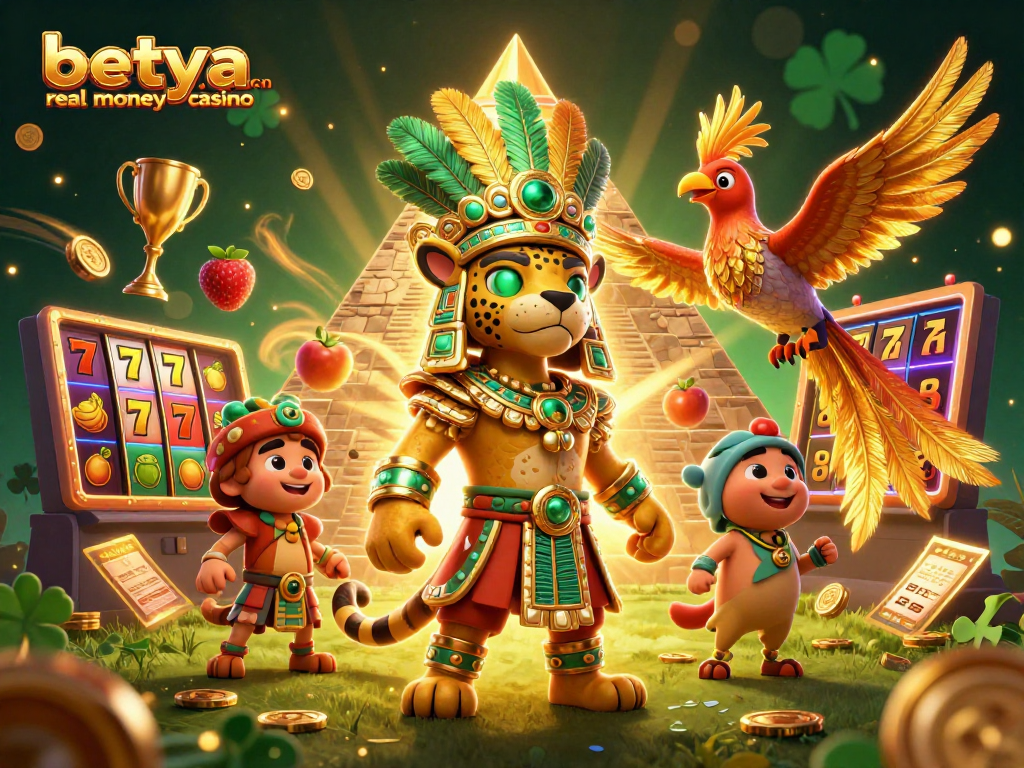 Engage with the excitement of betya.com real money casino featuring a vibrant 3D Mayan-themed scene with slot machines.