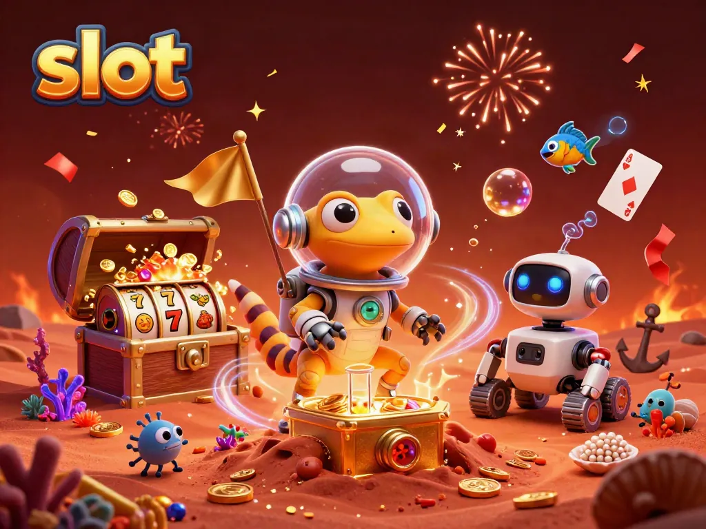 Martian gecko explores a golden casino amidst slot reels and treasures on Mars.
