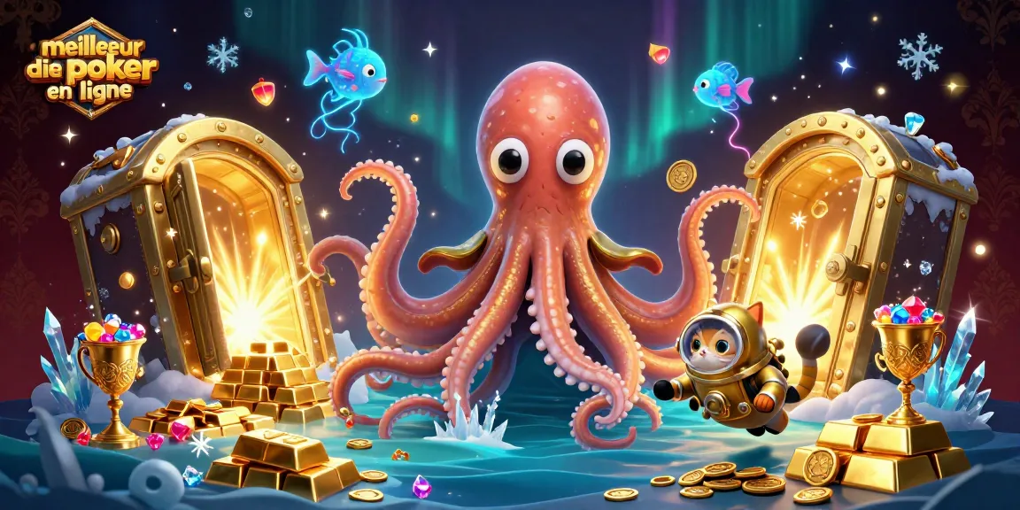 Visuel captivant du meilleur site de poker en ligne avec un kraken et un chat plongeant dans un trésor