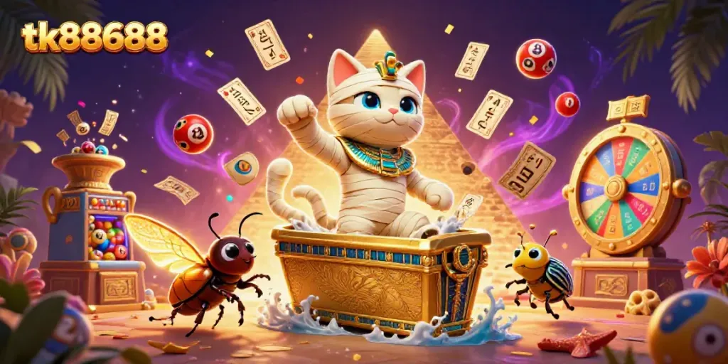 Engage in exciting gaming with tk88688's vibrant pyramid casino scene featuring a mummy cat and lottery elements.