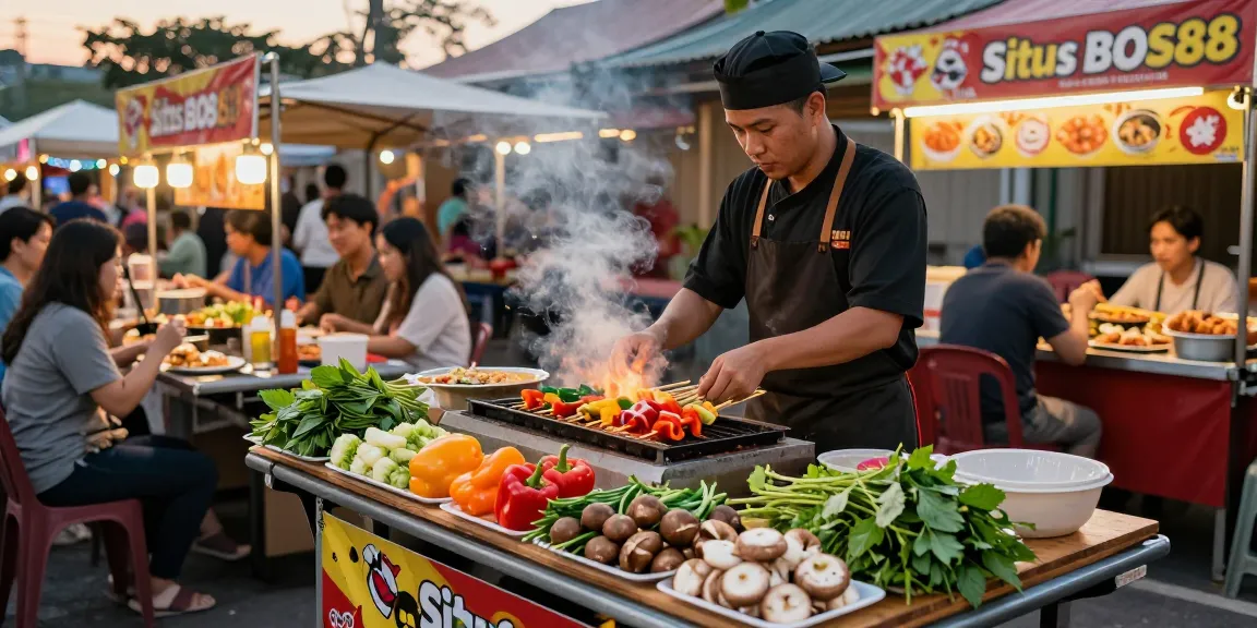 Skema makanan jalanan lezat di pasar, dengan chef BBQ menyiapkan Situs BOS88.