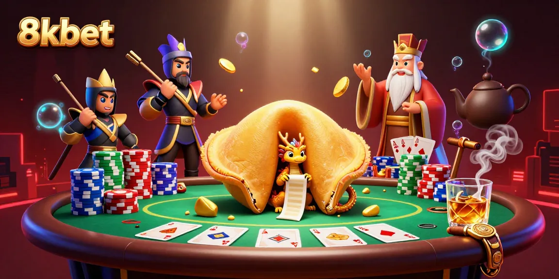 Engage with 8kbet's vibrant casino illustration featuring poker elements and a whimsical dragon.