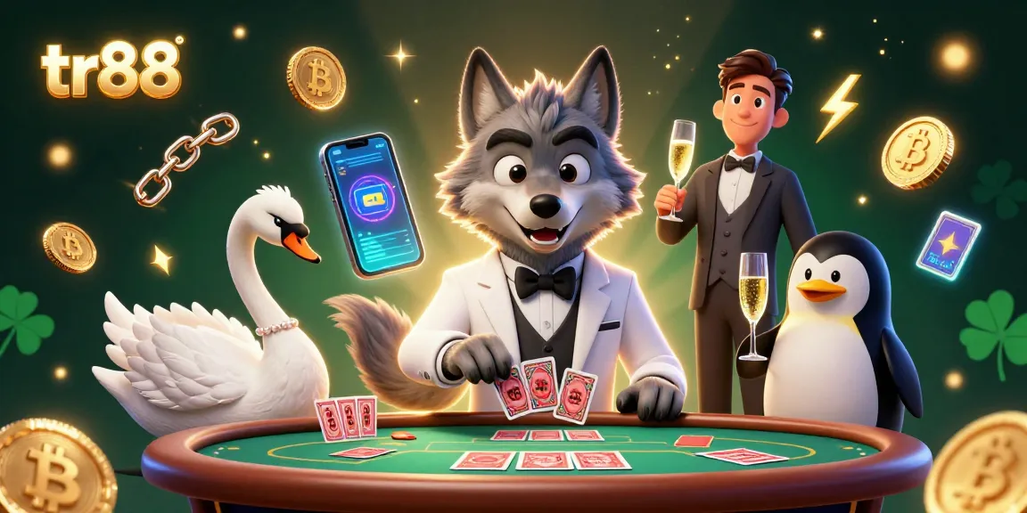 Experience thrilling action at tr88 with a debonair wolf and elegant swan in a casino scene.