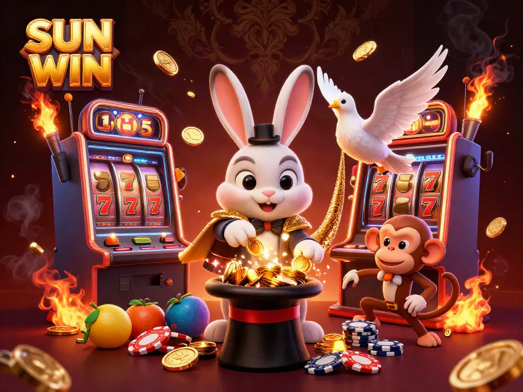 SUN WIN: Enjoy thrilling slot action with a magician rabbit, dove assistant, and monkey in a vibrant casino scene.