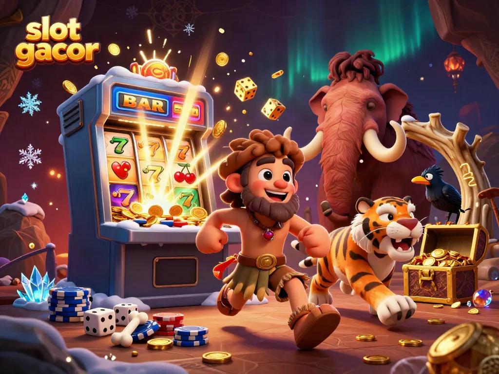 Slot gacor memberikan keajaiban dengan jackpot, koin emas, dan simbol bertaburan di kasino prasejarah.
