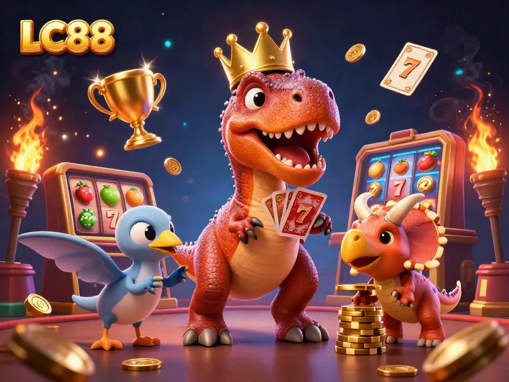 Engage with LC88's thrilling casino charm featuring a friendly T-Rex shuffling cards.