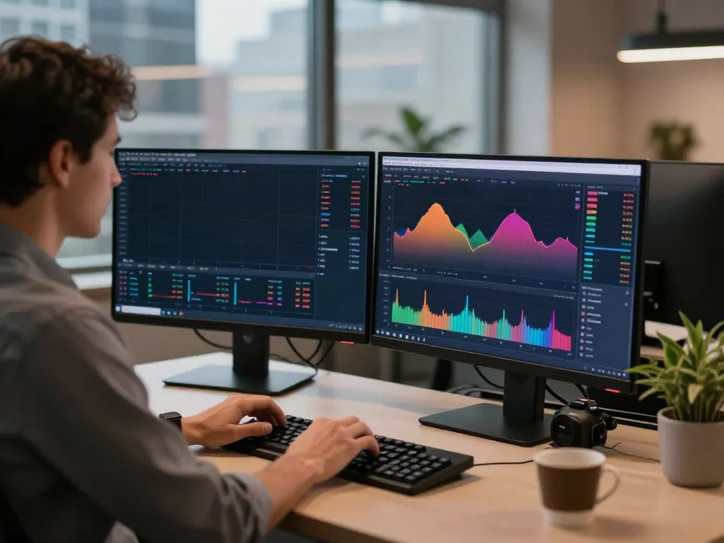 Intense trader using TradingView官网 on dual monitors, modern workspace setup, city view.