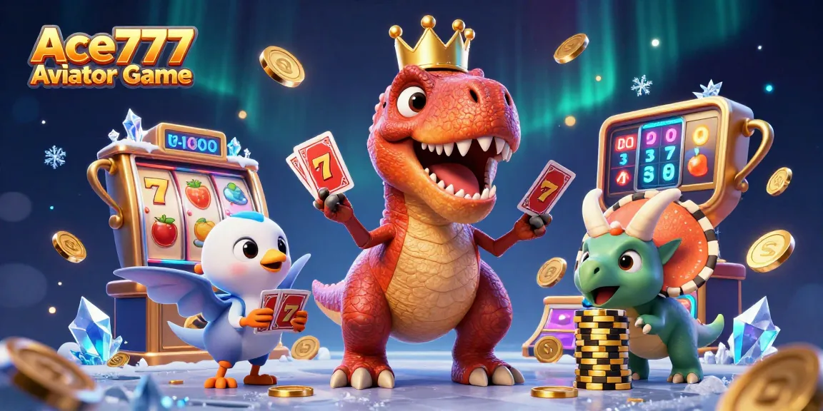 Experience the excitement of Ace777 Aviator Game with a colorful 3D illustration featuring playful dinosaur characters engaged in casino fun.