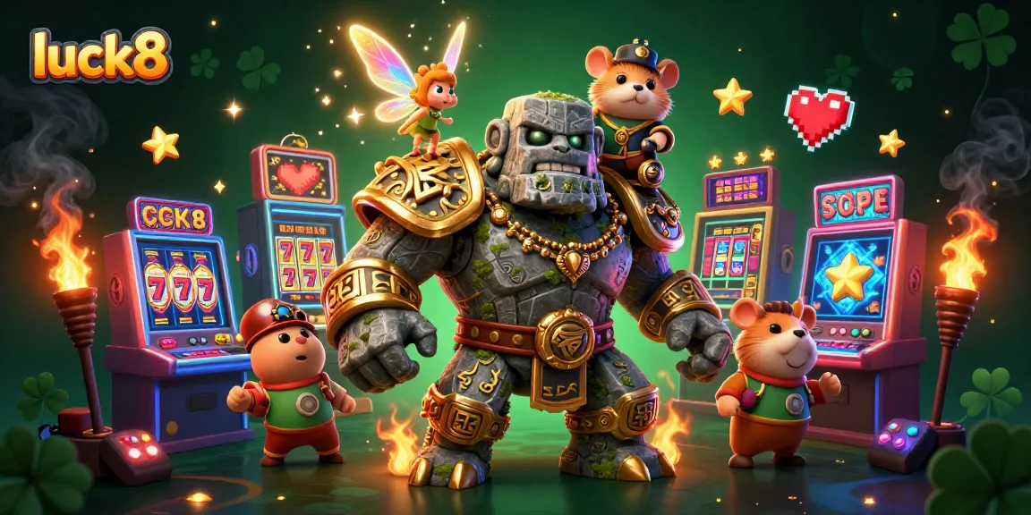 Engage with luck8’s vibrant casino world featuring a golem guardian and magical fairy.