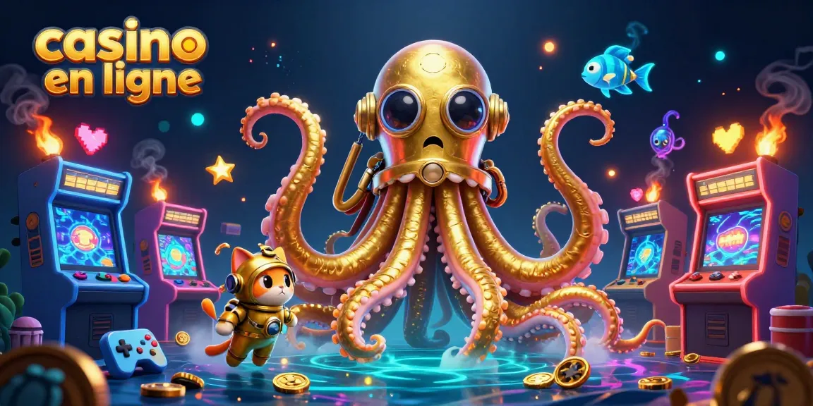 Découvrez le monde captivant du casino en ligne avec un kraken doré et un chat plongeur parmi des jeux colorés.