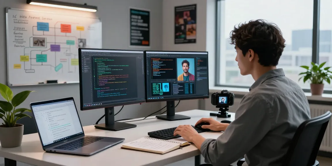 AI Image Detection technology workspace with data scientist analyzing images on dual monitors, showcasing analysis algorithms and live feed.