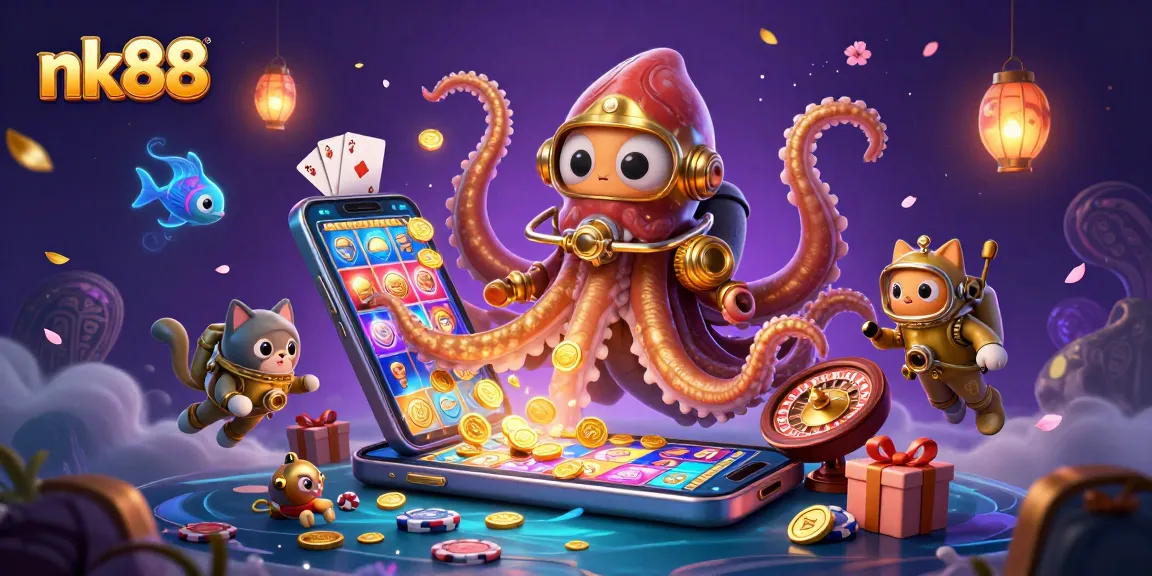 Engage with nk88’s vibrant casino experience featuring a kraken and a diving cat amid playful slot games.