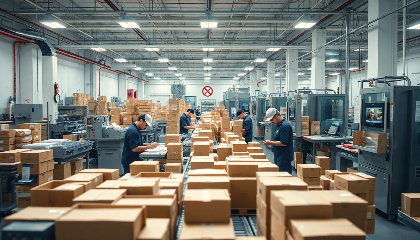 A contract packaging company team efficiently packaging products in a professional workspace.