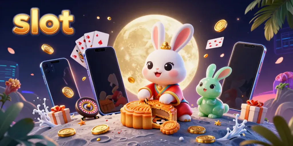 Experience thrilling slots gameplay with a lunar rabbit cracking mooncakes revealing poker chips in vibrant 3D.