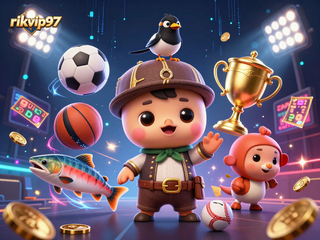 Engage with rikvip97 in a stunning 3D scene filled with gambling-themed characters and dynamic elements.