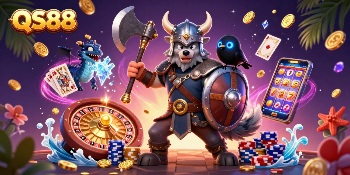 Experience thrilling gaming at QS88 with a Viking warrior, dragon, and vibrant casino elements!