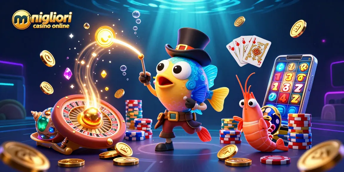 I migliori casino online attirano giocatori con un'illustrazione vivente di un pesce angler con cappello, gamberetto pirata e lumaca tesoro.
