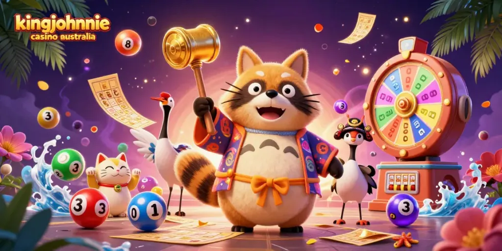 Experience the excitement at kingjohnnie casino australia with a vibrant 3D casino scene filled with laughter and action.