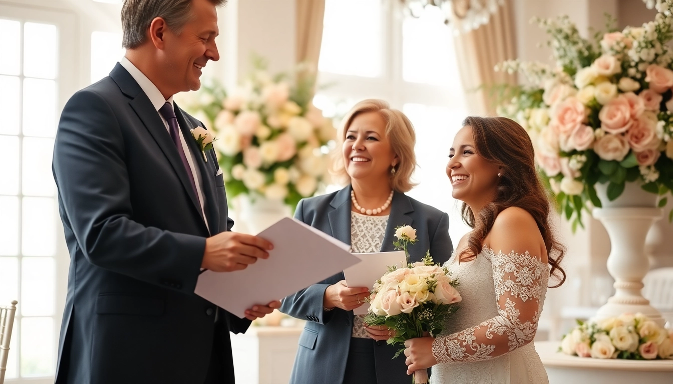 Washington dc wedding coordinator assisting a couple in an elegantly decorated venue filled with floral arrangements.